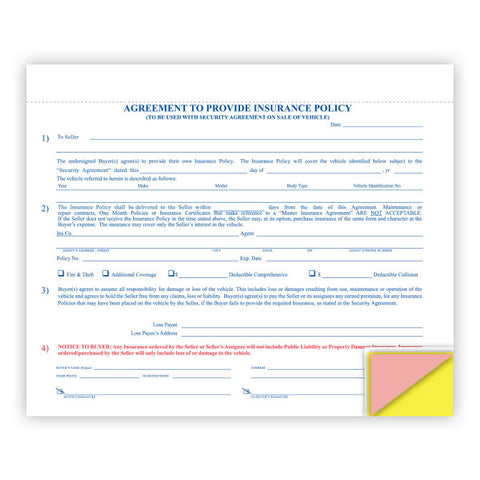 Agreement to Furnish Insurance Policy - Qty. 100 - Independent Dealer Services