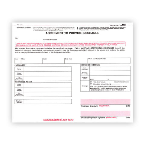 Agreement to Provide Insurance Policy - Qty. 100 - Independent Dealer Services