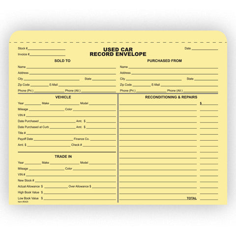 Used Car Record Envelope - Qty. 500 - Independent Dealer Services