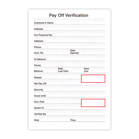 Pay Off Verification - Qty 100 Per Pad - Independent Dealer Services