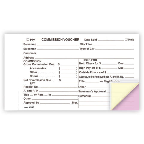 Commission Voucher Gross/Net- 3 Part NCR Qty. 100 - Independent Dealer Services