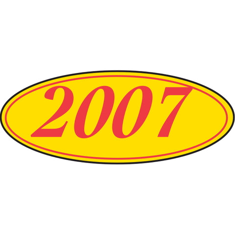 Oval Year Window Sticker - RED on YELLOW - Qty. 12 - Independent Dealer Services