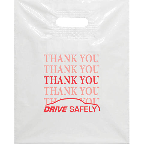 White Plastic Patch Handle Bags - Red Imprint - Qty. 100 - Independent Dealer Services