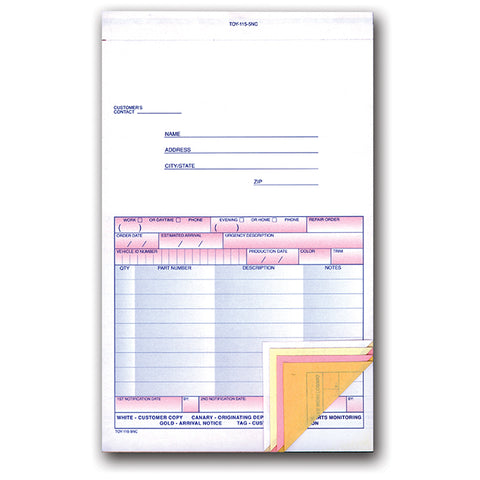 Special Parts Order Form - TOY-115-5NC - Qty. 100 - Independent Dealer Services