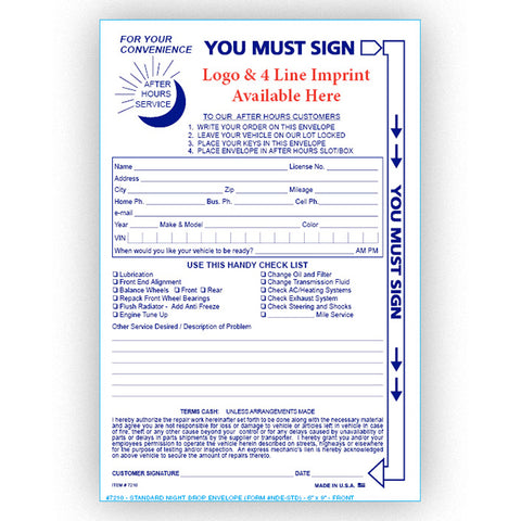 Standard Night Drop Envelope - NDE-STD - IMPRINTED - Qty. 500 - Independent Dealer Services