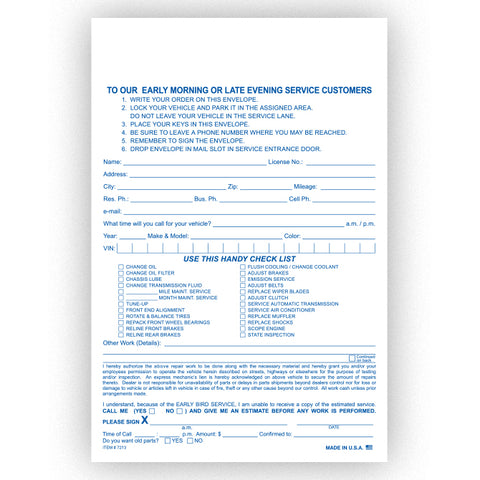 Night Drop Envelope, Service Estimate & Parts Return - Qty. 100 - Independent Dealer Services