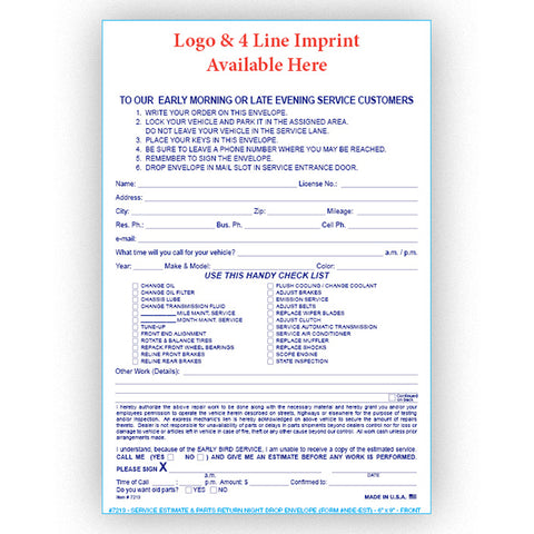 Service Estimate & Parts Return Night Drop Env. - IMPRINTED - Qty. 500 - Independent Dealer Services