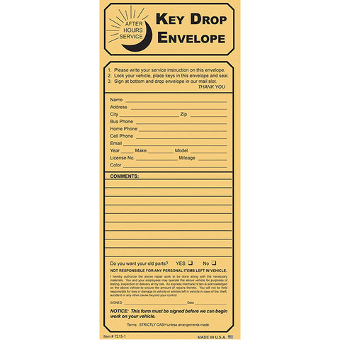 Night Drop Envelope, Key Drop Kraft - NO Checklist - -Qty. 500 - Independent Dealer Services