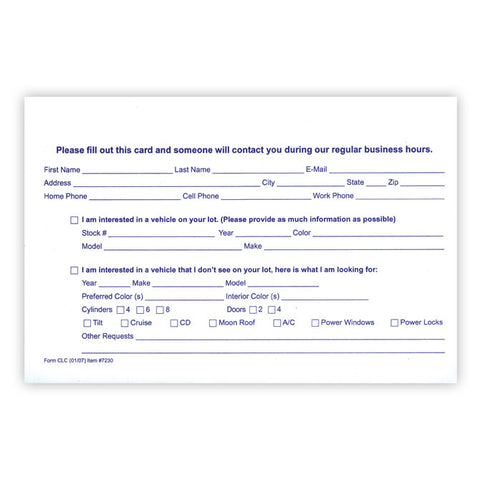 Customer Lead Cards - CLC -  5.5" x 8.5" - Qty. 100 - Independent Dealer Services