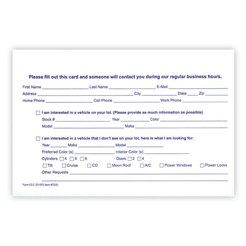 Customer Lead Cards - CLC - 5.5" x 8.5" - Qty. 100 - Independent Dealer Services