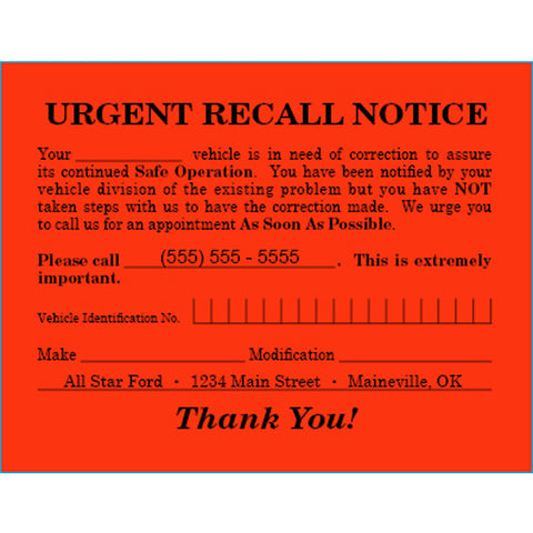Urgent Recall Notice - RT-6 - 5.5" x 4.25" - Imprinted - Qty. 500 - Independent Dealer Services
