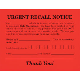 Urgent Recall Notice - RT-6 - 5.5" x 4.25" - Qty. 250 - Independent Dealer Services