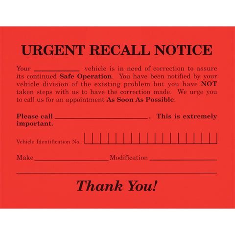 Urgent Recall Notice - RT-6 - 5.5" x 4.25" - Qty. 250 - Independent Dealer Services
