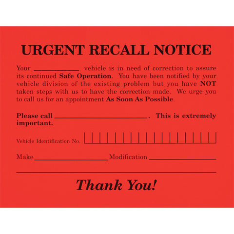 Urgent Recall Notice - RT-6 - 5.5" x 4.25" - Qty. 250 - Independent Dealer Services