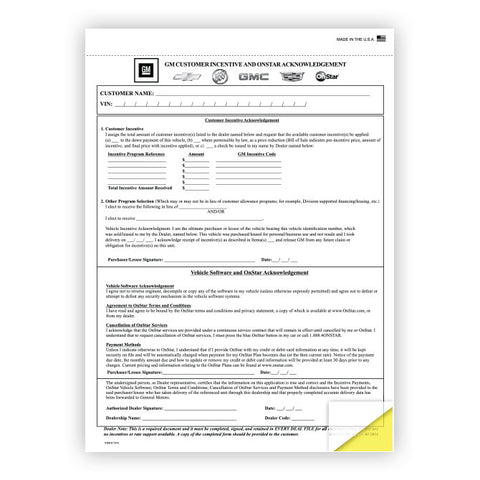 GM Cust. Incentive/OnStar Acknowledge Form - 2 Part - Qty. 100 - Independent Dealer Services