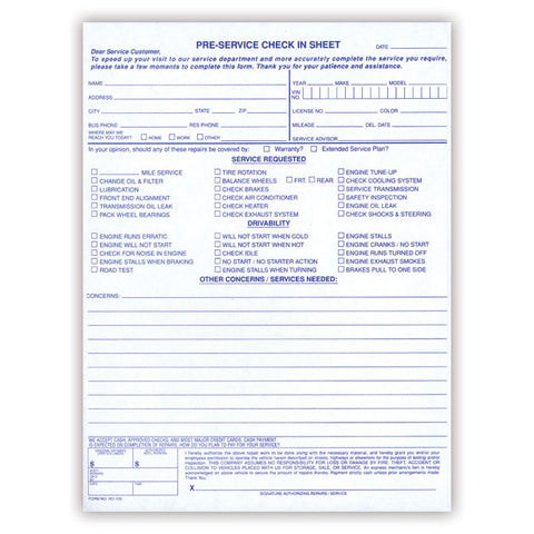 Pre-Service Check In - RO-100, Generic - Qty. 100 - Independent Dealer Services