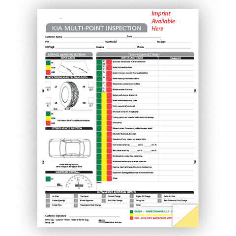 Kia Multi-Point Vehicle Checkup - 2 Part - Imprinted - Qty. 500 - Independent Dealer Services