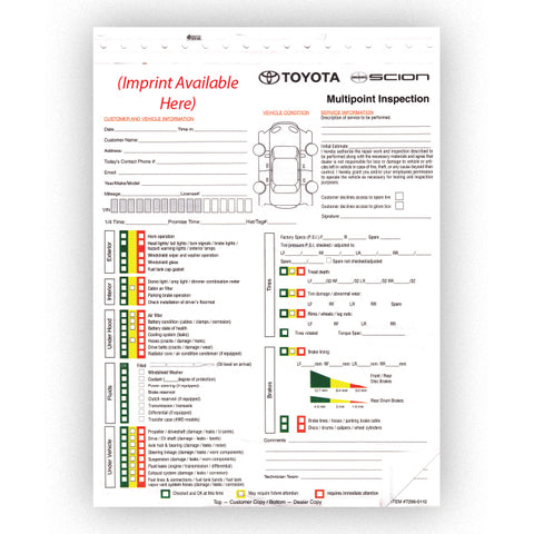 Toyota Multi-Point Vehicle Checkup - 3 Part - Imprinted - Qty. 500 - Independent Dealer Services