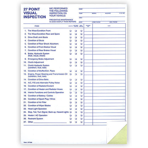 27 Point Vehicle Inspection - 2 Part - Qty. 100 - Independent Dealer Services