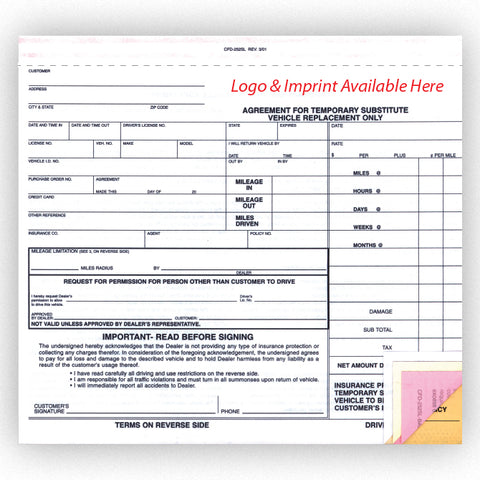 Sub. Vehicle Agree., IMPRINTED - CFD-252-SL - 4 Part - Qty. 500 - Independent Dealer Services