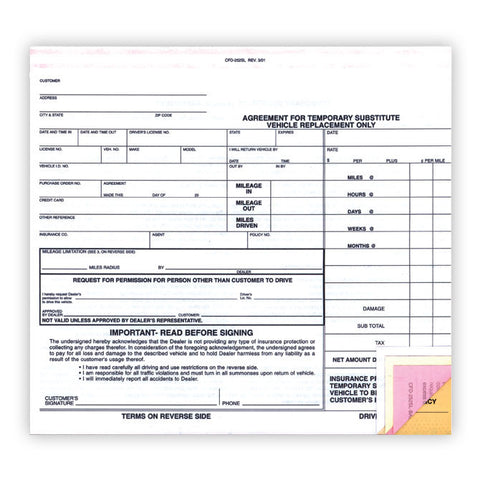 Substitute Vehicle Agreement - CFD-252-SL - 4 Part - Qty. 100 - Independent Dealer Services