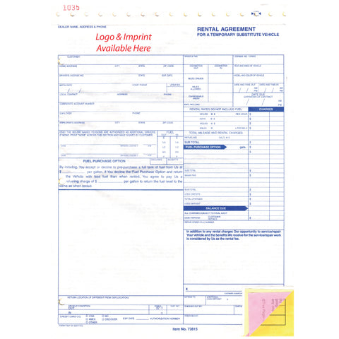 Rental Agreement - RAC - 4 Part - IMPRINTED - Qty. 500 - Independent Dealer Services
