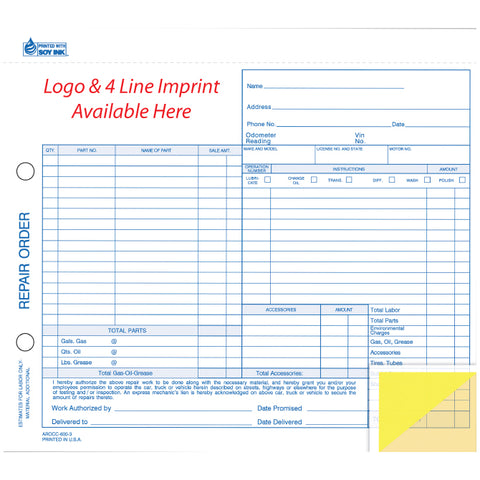 Repair Order - RO-600-3 - 3 Part - Imprinted - Qty 500 - Independent Dealer Services