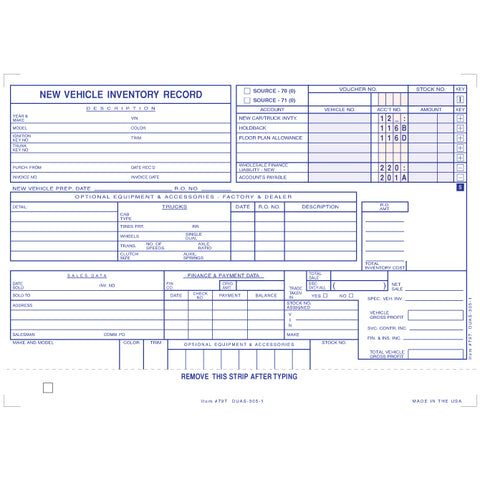 New Vehicle Record - DUAS-305-1 - 2 Part - Qty. 100 - Independent Dealer Services