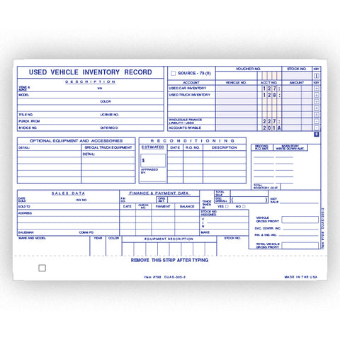 Used Vehicle Record - DUAS-305-2 - 2 Part - Qty. 100 - Independent Dealer Services