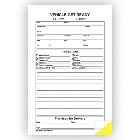 Vehicle Get Ready Form - 5 1/2" X 8 1/2 " - Qty. 100 - Independent Dealer Services