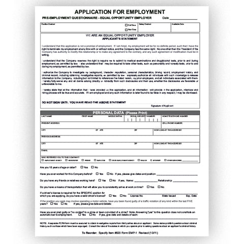 Application for Employment - EMP-1 - Qty. 50 - Independent Dealer Services