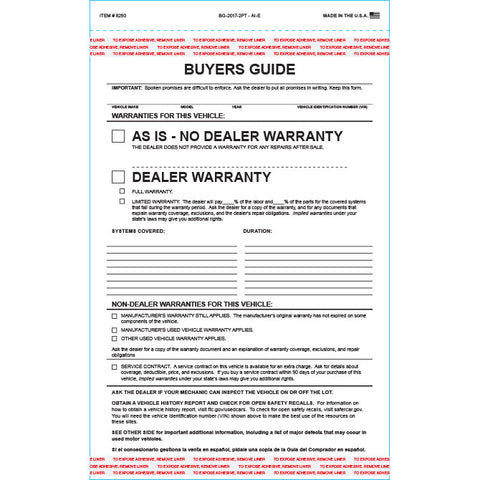 Buyers Guide - BG-2017-2PT - AI-E - As Is - 2 Part - Qty. 100 - Independent Dealer Services