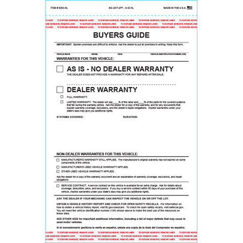 Buyers Guide - BG-2017-2PT - AI-E-NL - As Is - 2 Part - No Lines - Qty. 100 - Independent Dealer Services