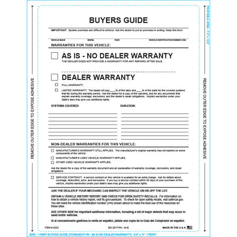 Buyers Guide - BG-2017-PA - AI-E - As Is - P/A - Qty. 100 - Independent Dealer Services