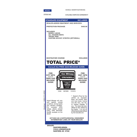 4.25" x 11" Laser Window Sticker, CUSTOM, P/A 1 Part- 3 sides -Qty. 250 - Independent Dealer Services