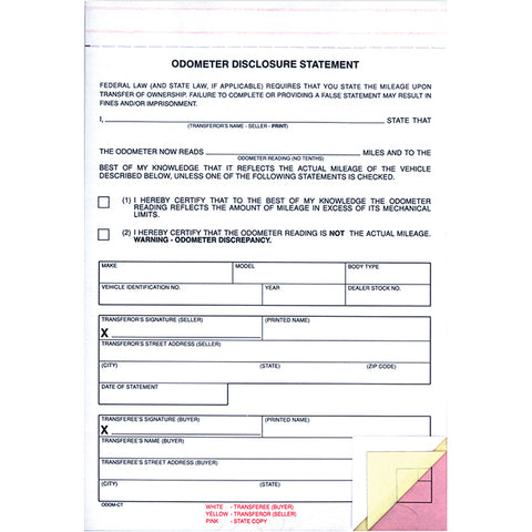 Odometer Disclosure Statement - ODOM-CT - 3 Part - Qty. 100 - Independent Dealer Services