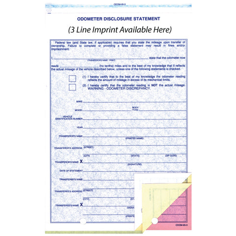 Odometer Disclosure Statement - ODOM-65-3 - 3 Part - Imprinted Qty. 500 - Independent Dealer Services