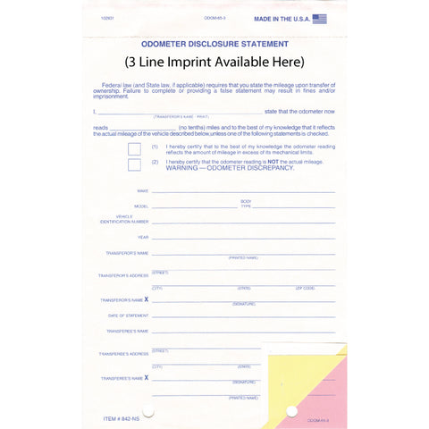 Odometer Disclosure Statement - ODOM-65-3 - 3 Part - No Scrn - Imp Qty. 500 - Independent Dealer Services