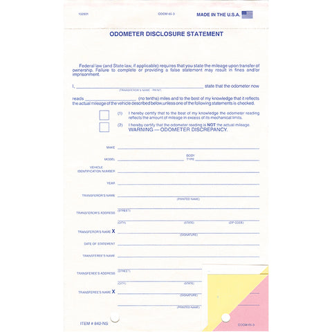 Odometer Disclosure Statement - ODOM-65-3 - 3 Part - No Screen - Qty. 100 - Independent Dealer Services