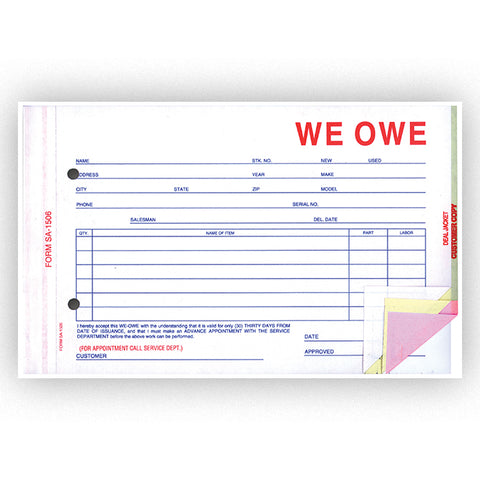 We Owe - SA-1506-4 - 4 Part - Qty.100 - Independent Dealer Services
