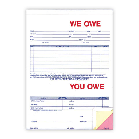 We Owe / You Owe - 872 - 3 Part - Qty. 100 - Independent Dealer Services