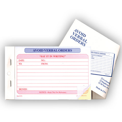 Avoid Verbal Orders Book - Generic, 2 Part - Qty. 1 - Independent Dealer Services