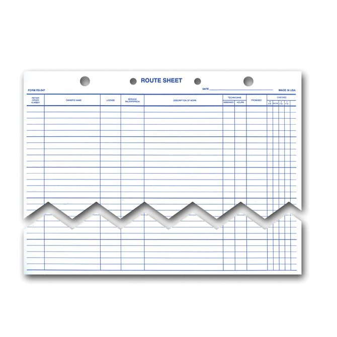 Route Sheet - RS-547 - 50 Line, 12" x  15" 100 Per Pack - Independent Dealer Services