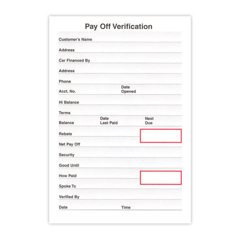Pay Off Verification  - Qty 100 Per Pad - Independent Dealer Services