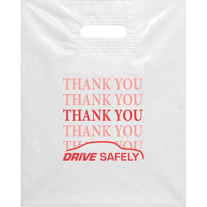 White Plastic Patch Handle Bags - Red Imprint - Qty. 100 - Independent Dealer Services