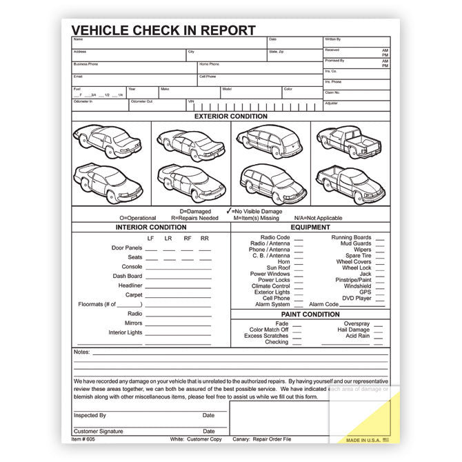 Vehicle Check In Report - 2 part - Qty. 100 - Independent Dealer Services