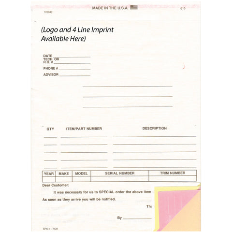 Special Parts Order Form - SPO-4 - Imprinted   - Qty. 500 - Independent Dealer Services
