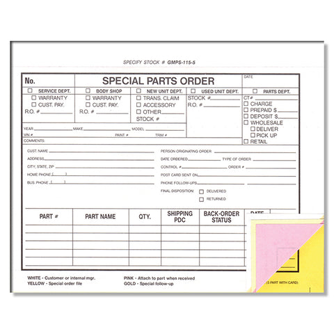 Special Parts Order Form - SPO-GMPS-115-5 - Qty. 100 - Independent Dealer Services