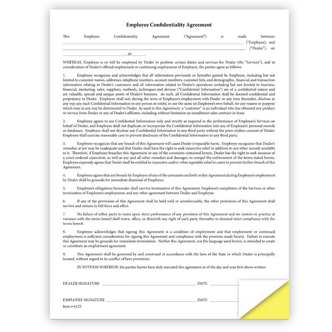 Employee Confidentiality Agreement Form - Qty of 100 - Independent Dealer Services