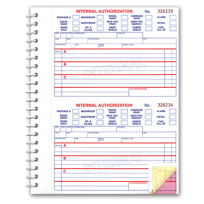 Internal Authorization Book - #125 - 3 Part, 100 per Book - Qty. 1 - Independent Dealer Services